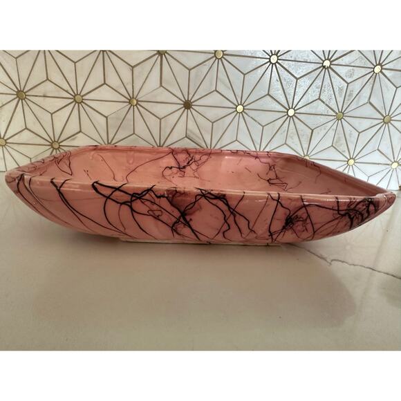 Vintage Pink Rectangular Bowl with Deep Purple Veining – Mid-Century Art Pottery - Picture 3 of 6